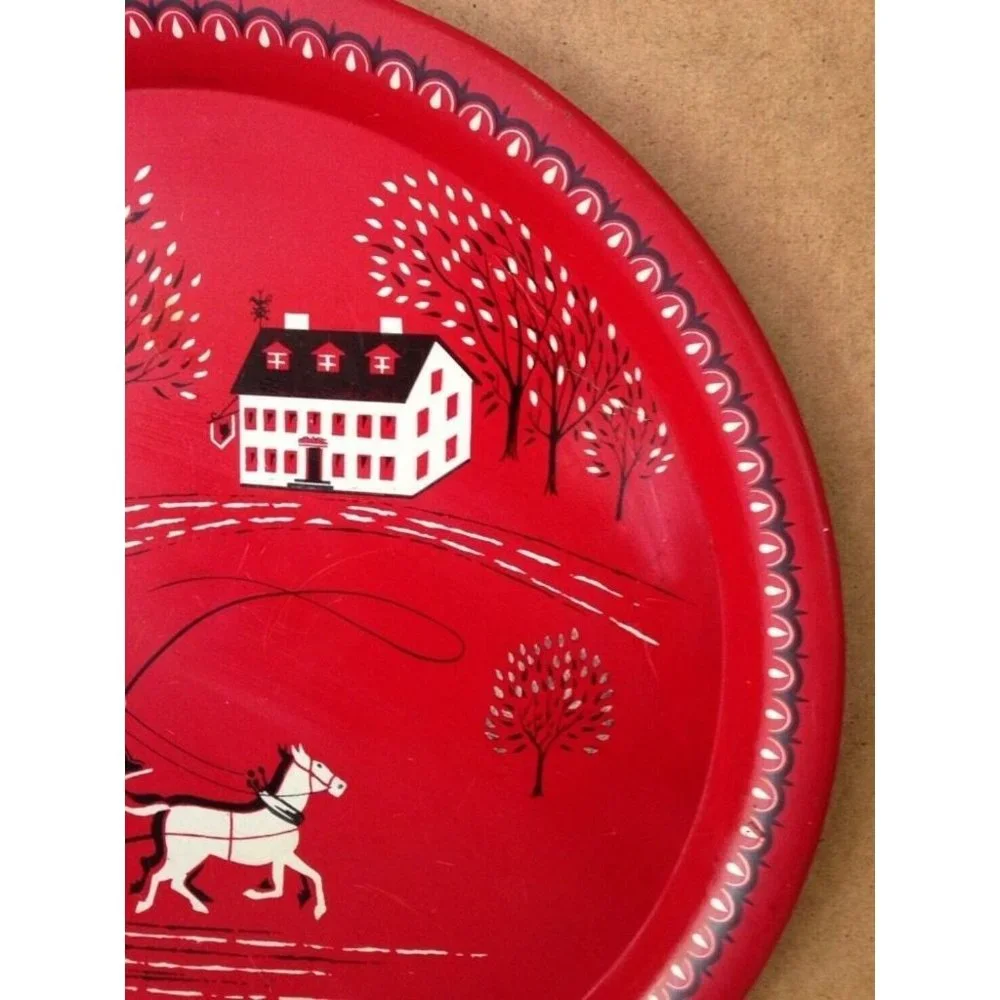 Vintage large metal red tray Horse Buggy Carriage Colonial Stagecoach scene 16